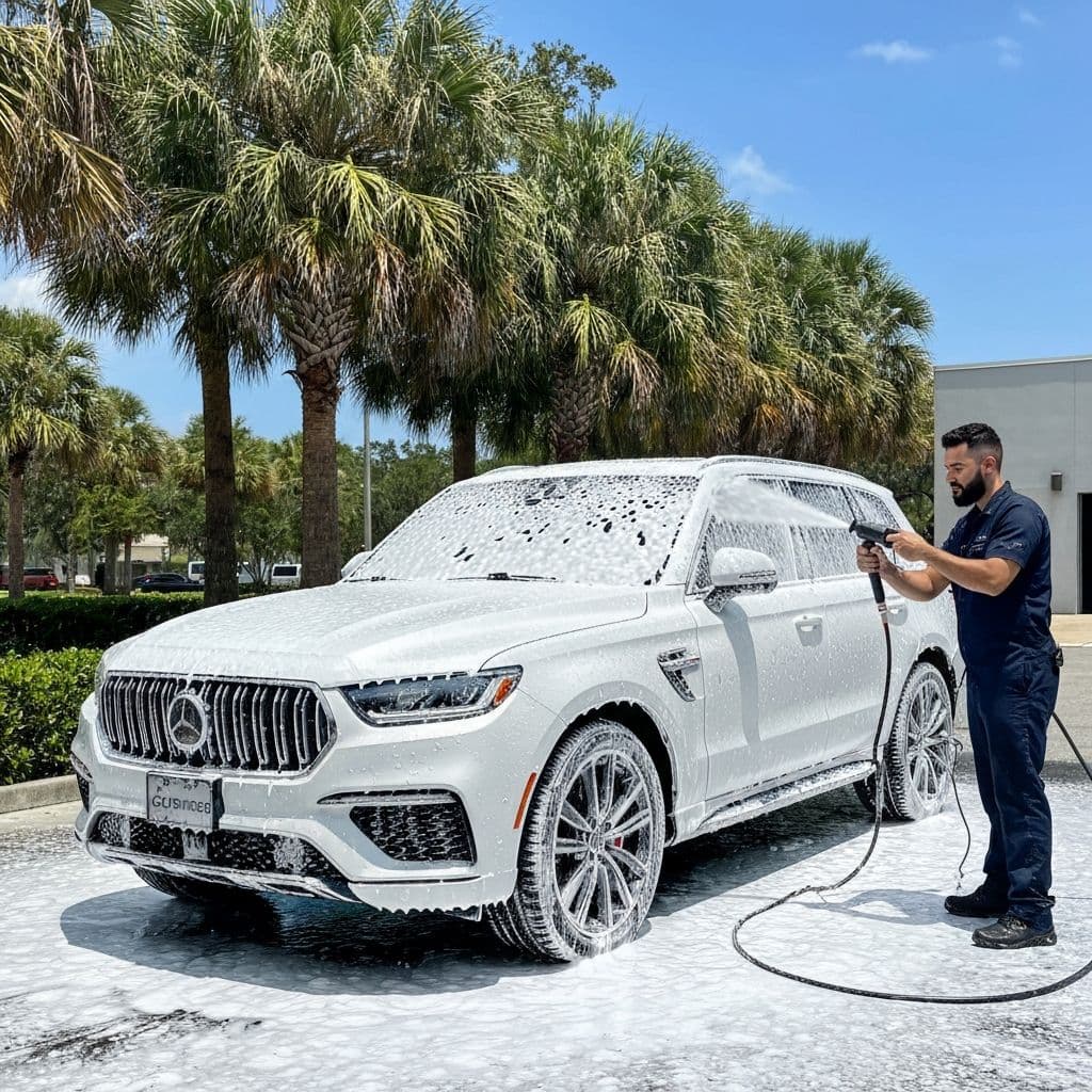 Professional hand wash with foam cannon on luxury SUV